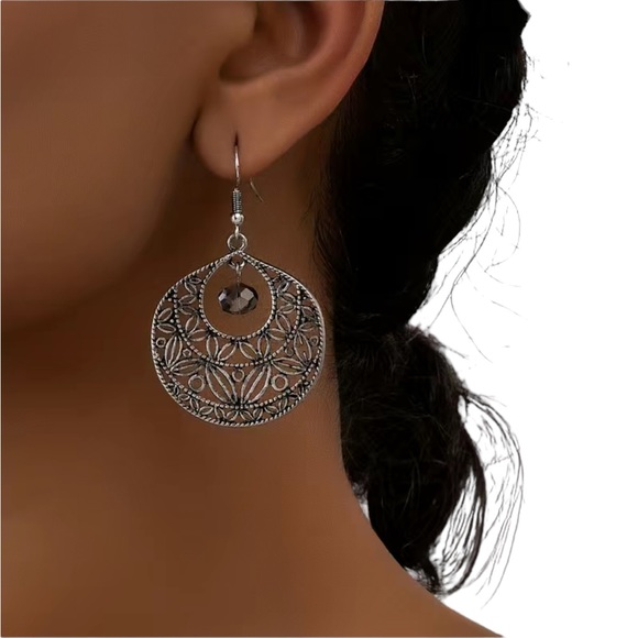 Boho Silver Cut Metal Design Hoop Drop Earrings - Picture 1 of 6